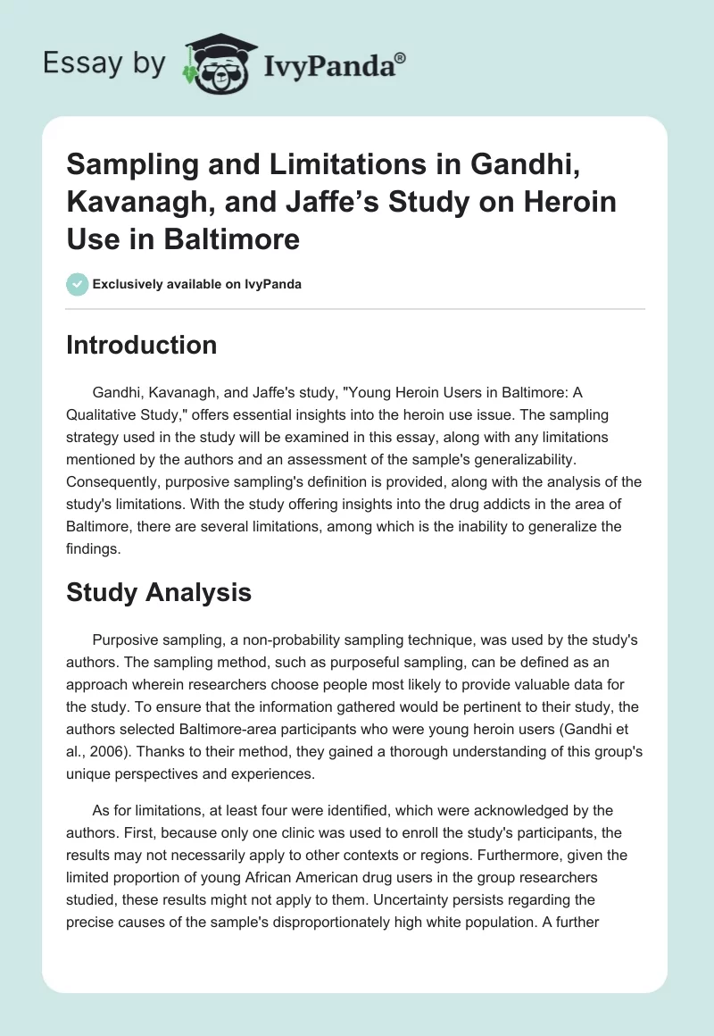 Sampling and Limitations in Gandhi, Kavanagh, and Jaffe’s Study on Heroin Use in Baltimore. Page 1