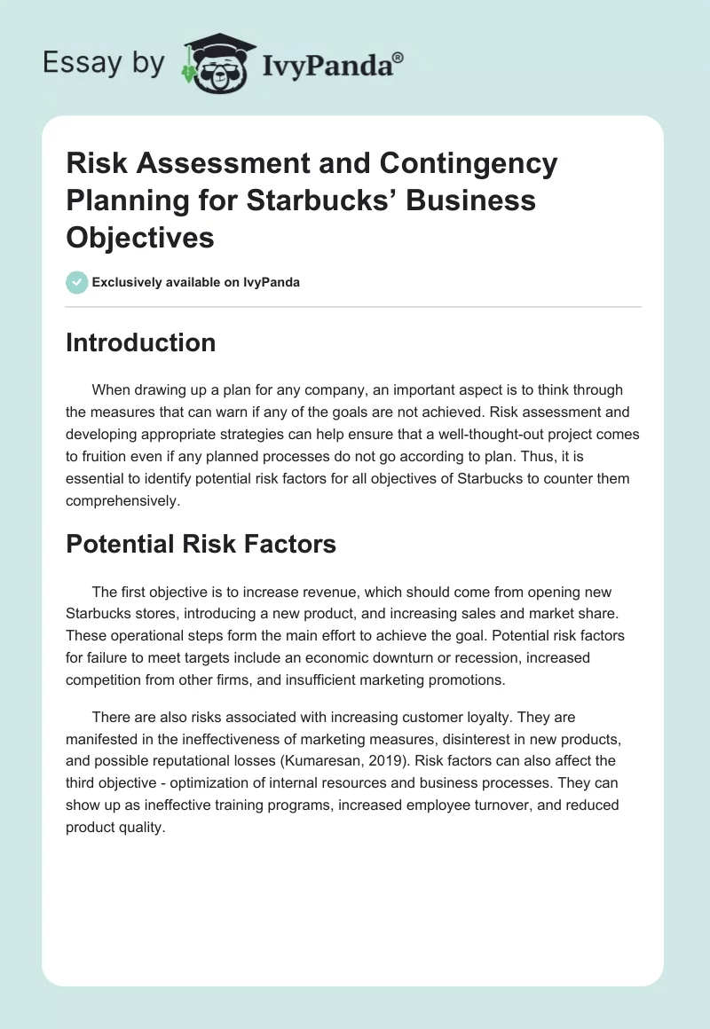 Risk Assessment and Contingency Planning for Starbucks’ Business Objectives. Page 1