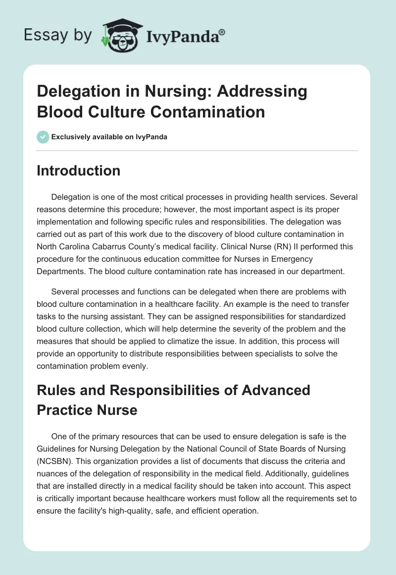 Delegation in Nursing: Addressing Blood Culture Contamination. Page 1