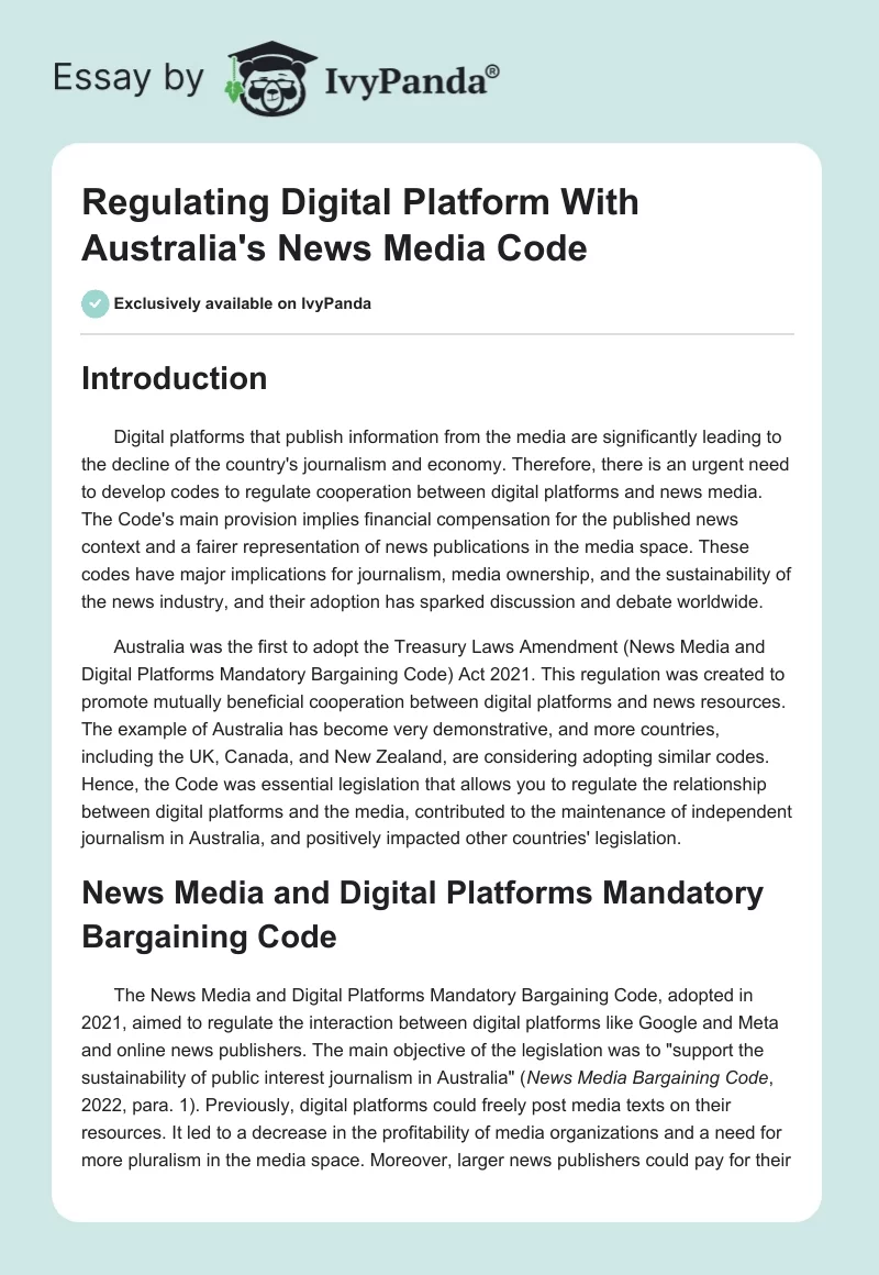 Regulating Digital Platform With Australia's News Media Code. Page 1