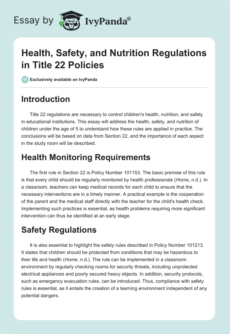 Health, Safety, and Nutrition Regulations in Title 22 Policies. Page 1