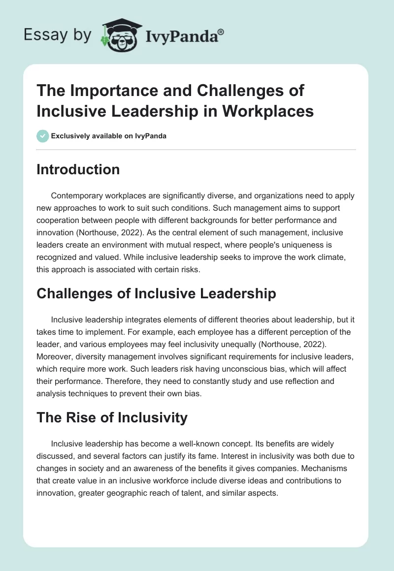 The Importance and Challenges of Inclusive Leadership in Workplaces. Page 1