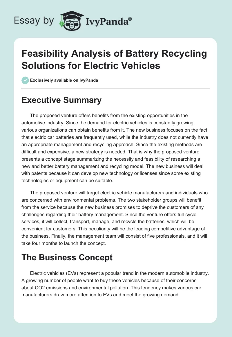 Feasibility Analysis of Battery Recycling Solutions for Electric Vehicles. Page 1