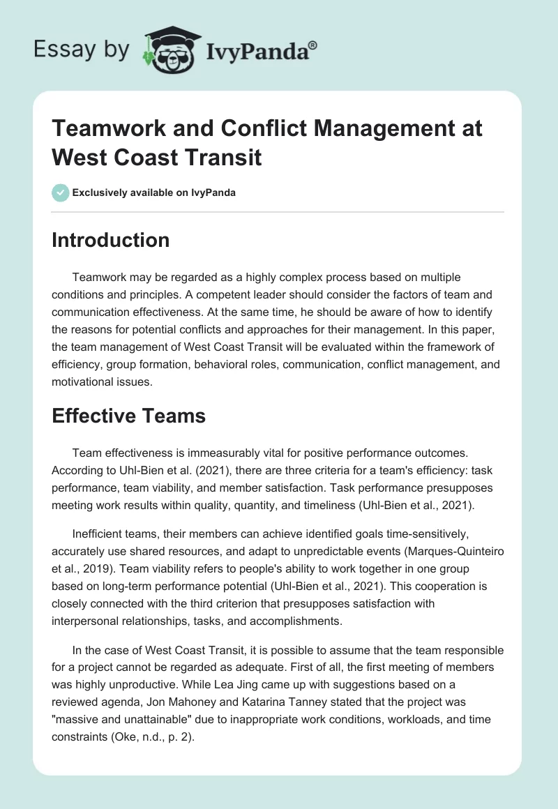 Teamwork and Conflict Management at West Coast Transit. Page 1