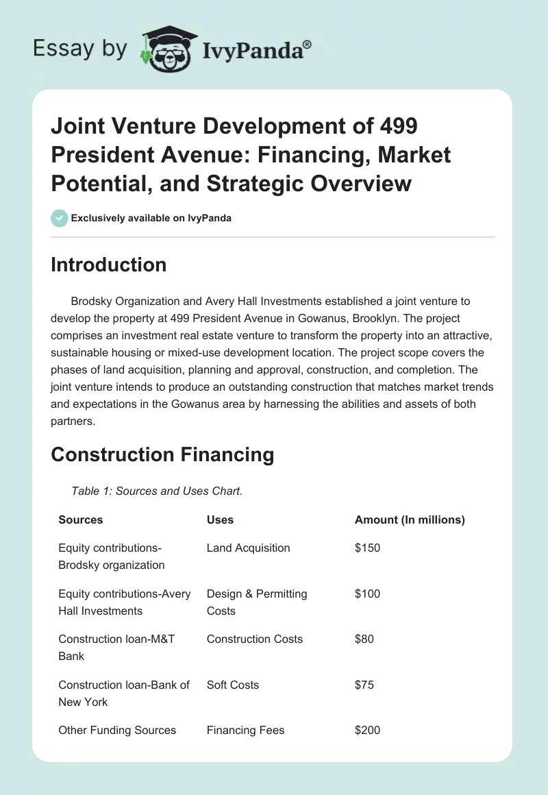 Joint Venture Development of 499 President Avenue: Financing, Market Potential, and Strategic Overview. Page 1