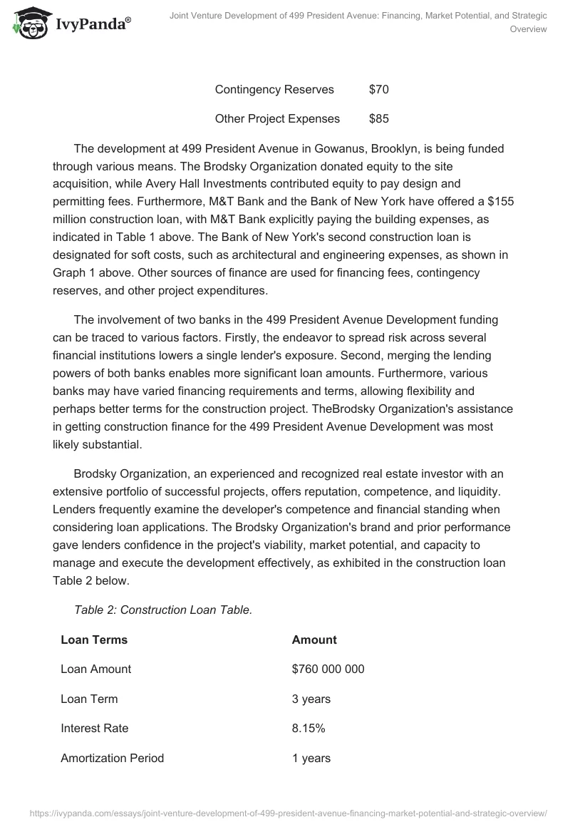 Joint Venture Development of 499 President Avenue: Financing, Market Potential, and Strategic Overview. Page 2