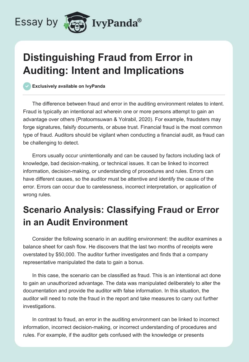 Distinguishing Fraud from Error in Auditing: Intent and Implications. Page 1