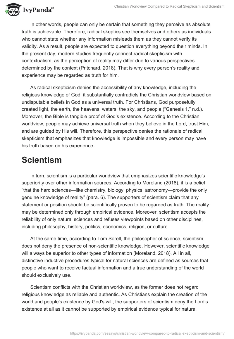 Christian Worldview Compared to Radical Skepticism and Scientism. Page 2