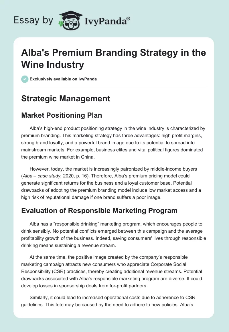 Alba's Premium Branding Strategy in the Wine Industry. Page 1