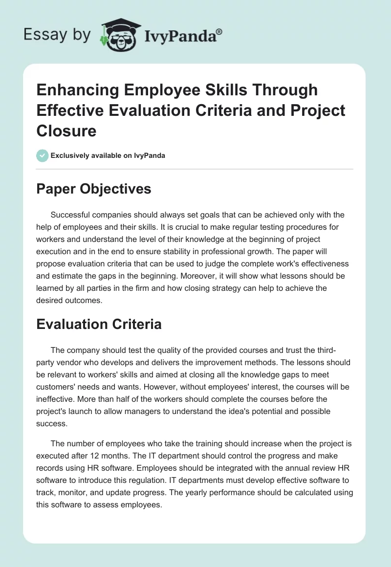 Enhancing Employee Skills Through Effective Evaluation Criteria and Project Closure. Page 1