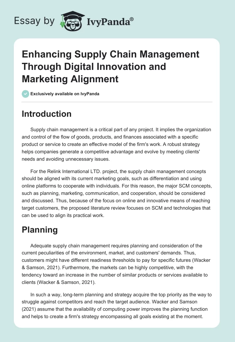 Enhancing Supply Chain Management Through Digital Innovation and Marketing Alignment. Page 1