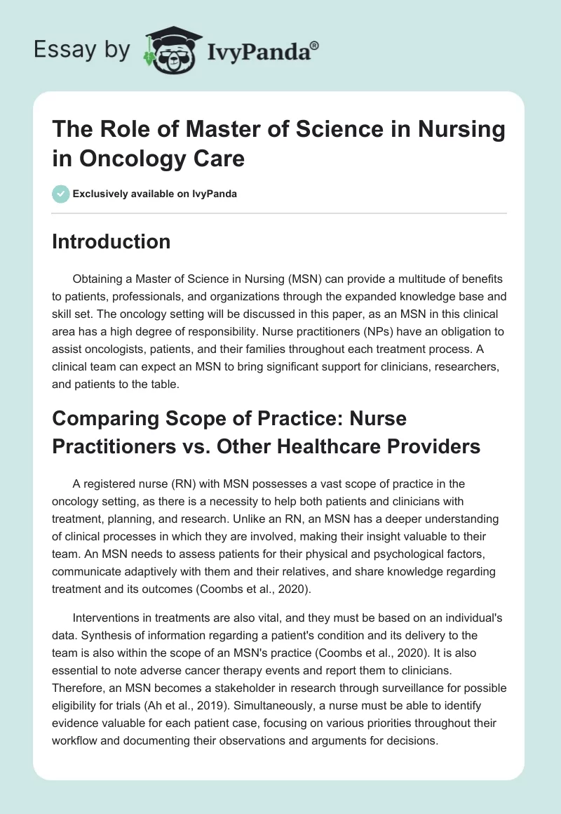 The Role of Master of Science in Nursing in Oncology Care. Page 1