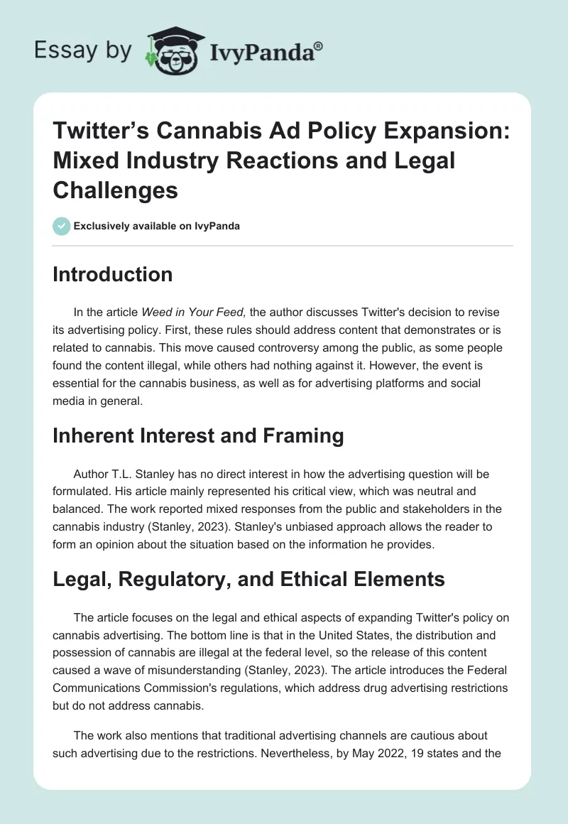 Twitter’s Cannabis Ad Policy Expansion: Mixed Industry Reactions and Legal Challenges. Page 1