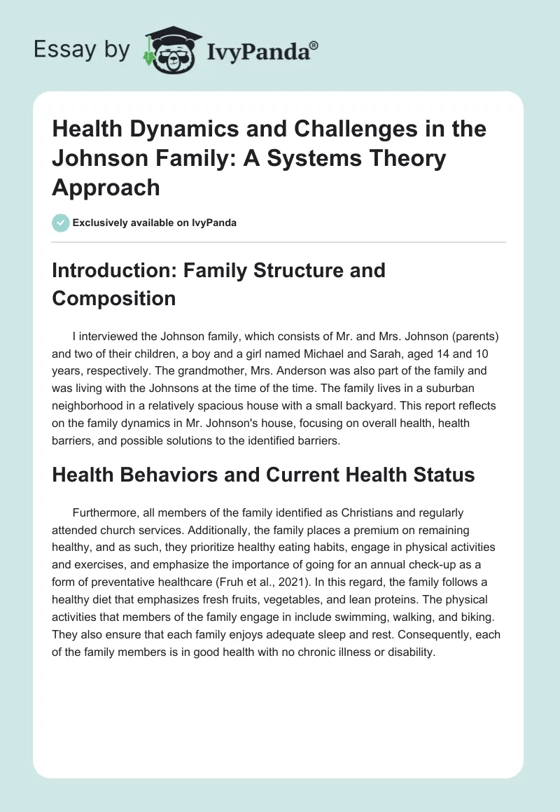 Health Dynamics and Challenges in the Johnson Family: A Systems Theory Approach. Page 1