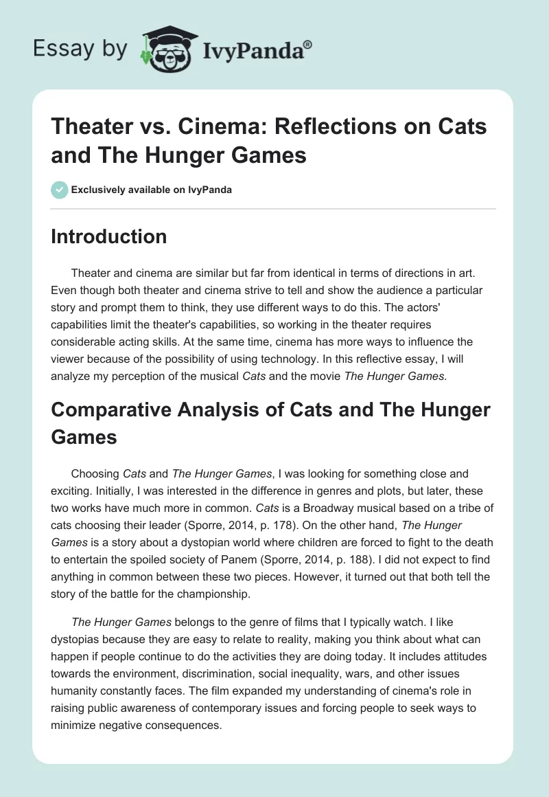 Theater vs. Cinema: Reflections on Cats and The Hunger Games. Page 1