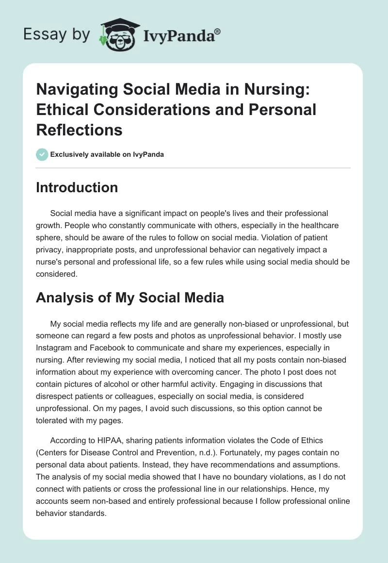 Navigating Social Media in Nursing: Ethical Considerations and Personal Reflections. Page 1