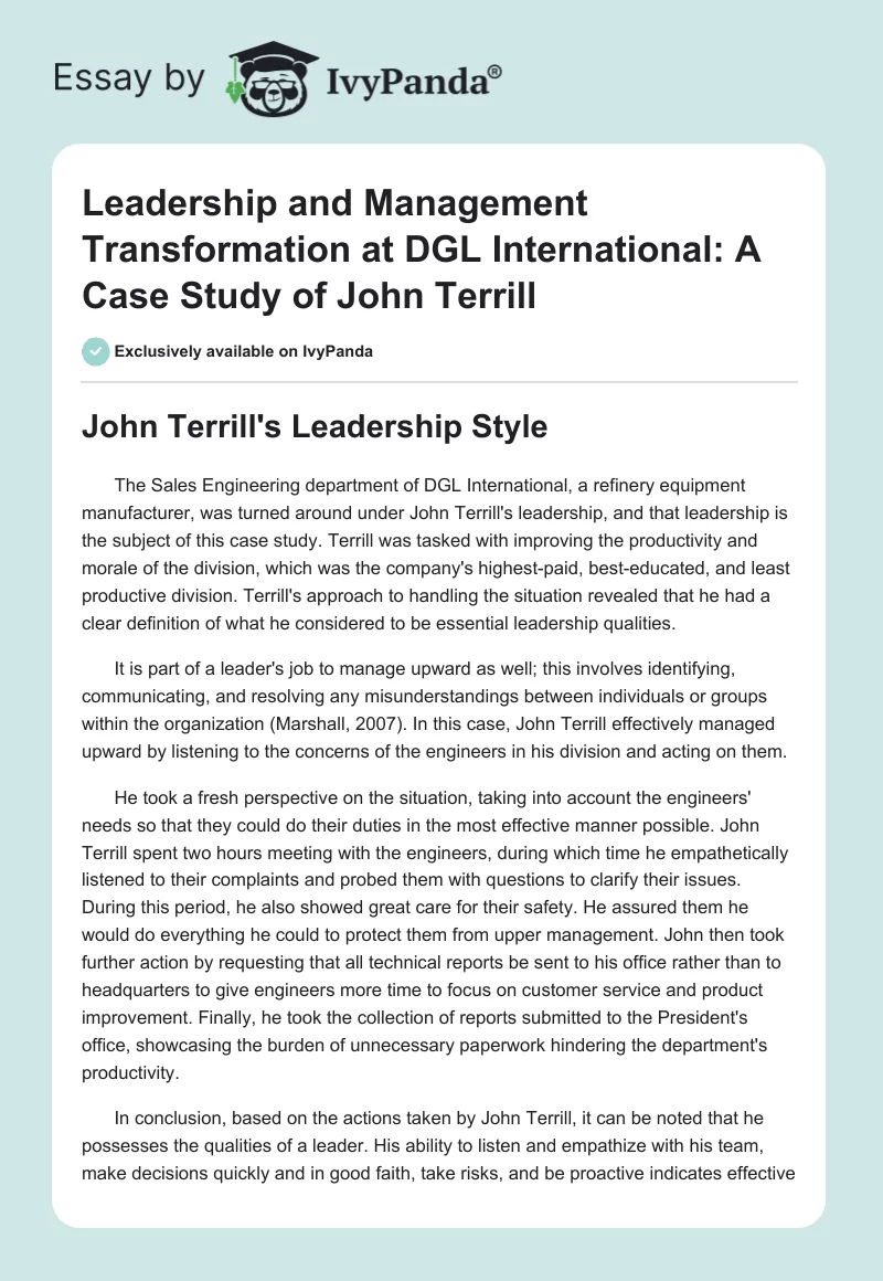 Leadership and Management Transformation at DGL International: A Case Study of John Terrill. Page 1