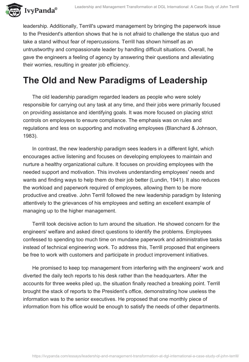 Leadership and Management Transformation at DGL International: A Case Study of John Terrill. Page 2