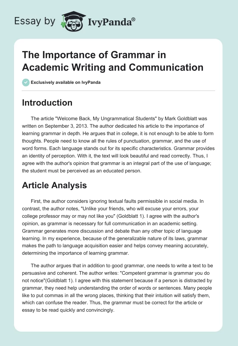 The Importance of Grammar in Academic Writing and Communication. Page 1