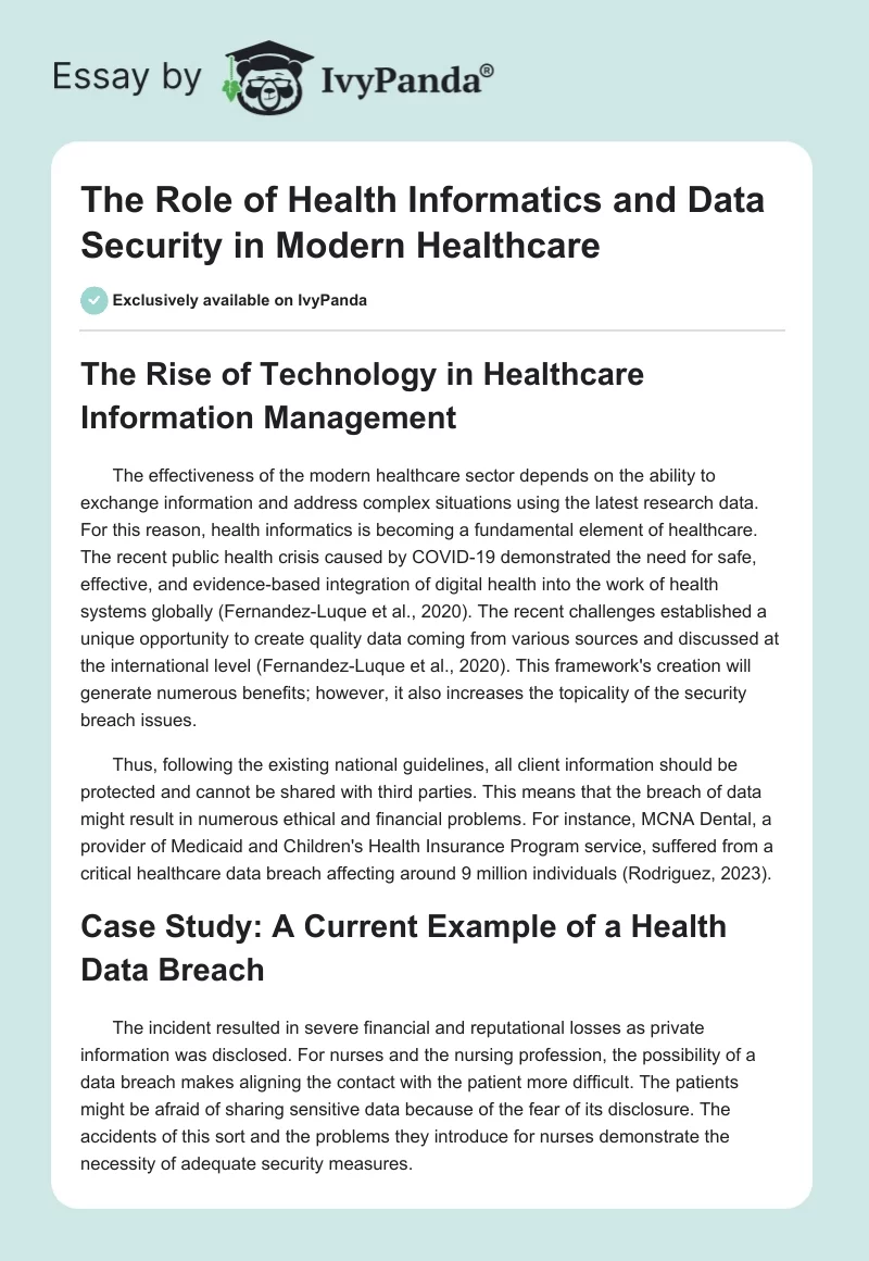 The Role of Health Informatics and Data Security in Modern Healthcare. Page 1