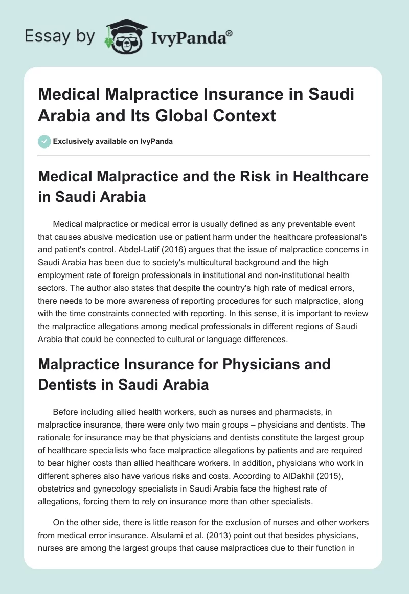 Medical Malpractice Insurance in Saudi Arabia and Its Global Context. Page 1