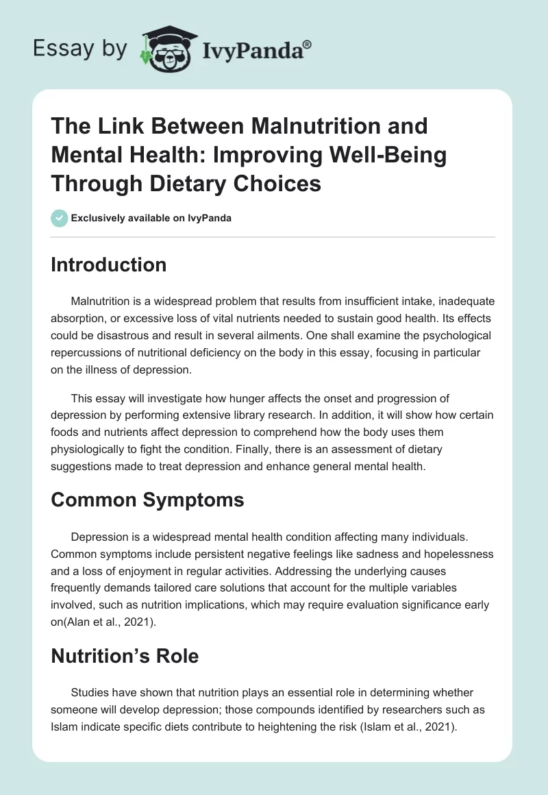 The Link Between Malnutrition and Mental Health: Improving Well-Being Through Dietary Choices. Page 1