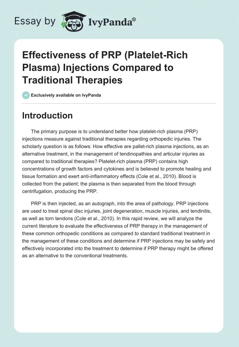 Effectiveness of PRP (Platelet-Rich Plasma) Injections Compared to Traditional Therapies. Page 1