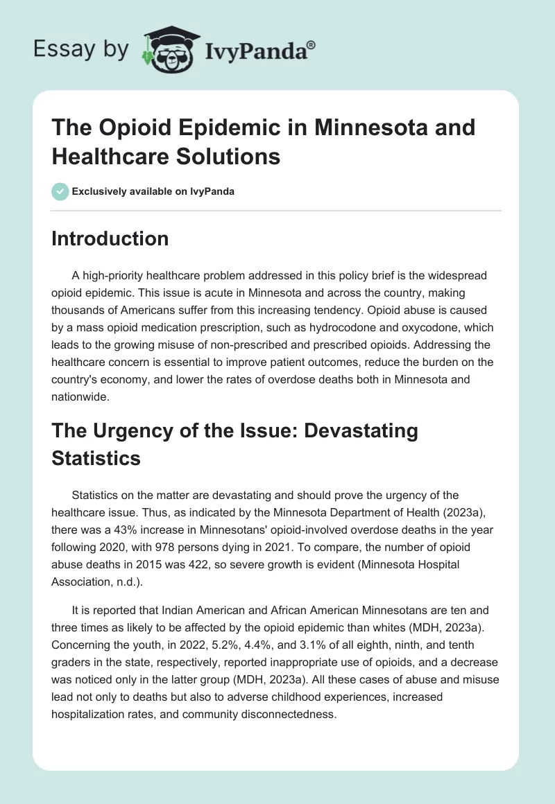 The Opioid Epidemic in Minnesota and Healthcare Solutions. Page 1