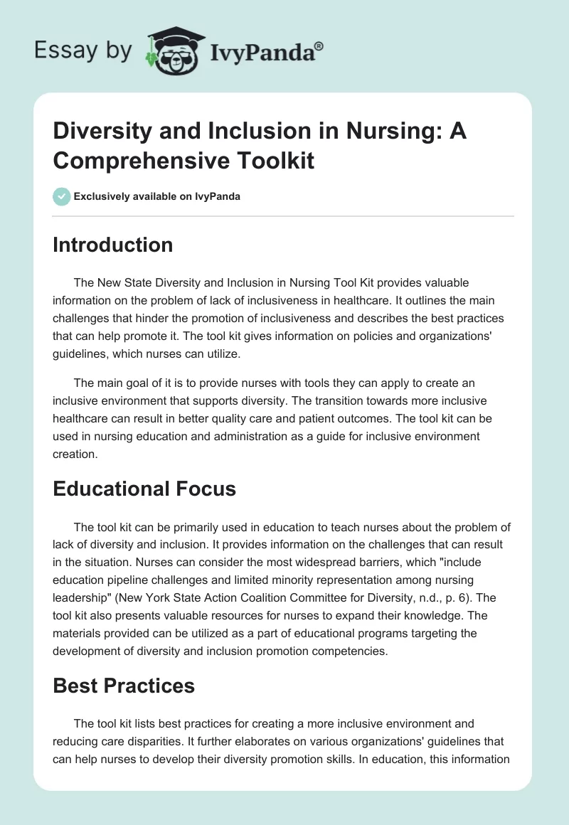 Diversity and Inclusion in Nursing: A Comprehensive Toolkit. Page 1