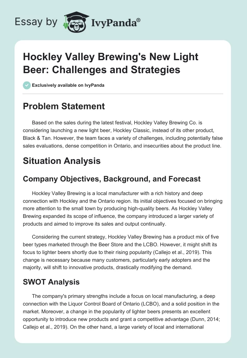 Hockley Valley Brewing's New Light Beer: Challenges and Strategies. Page 1