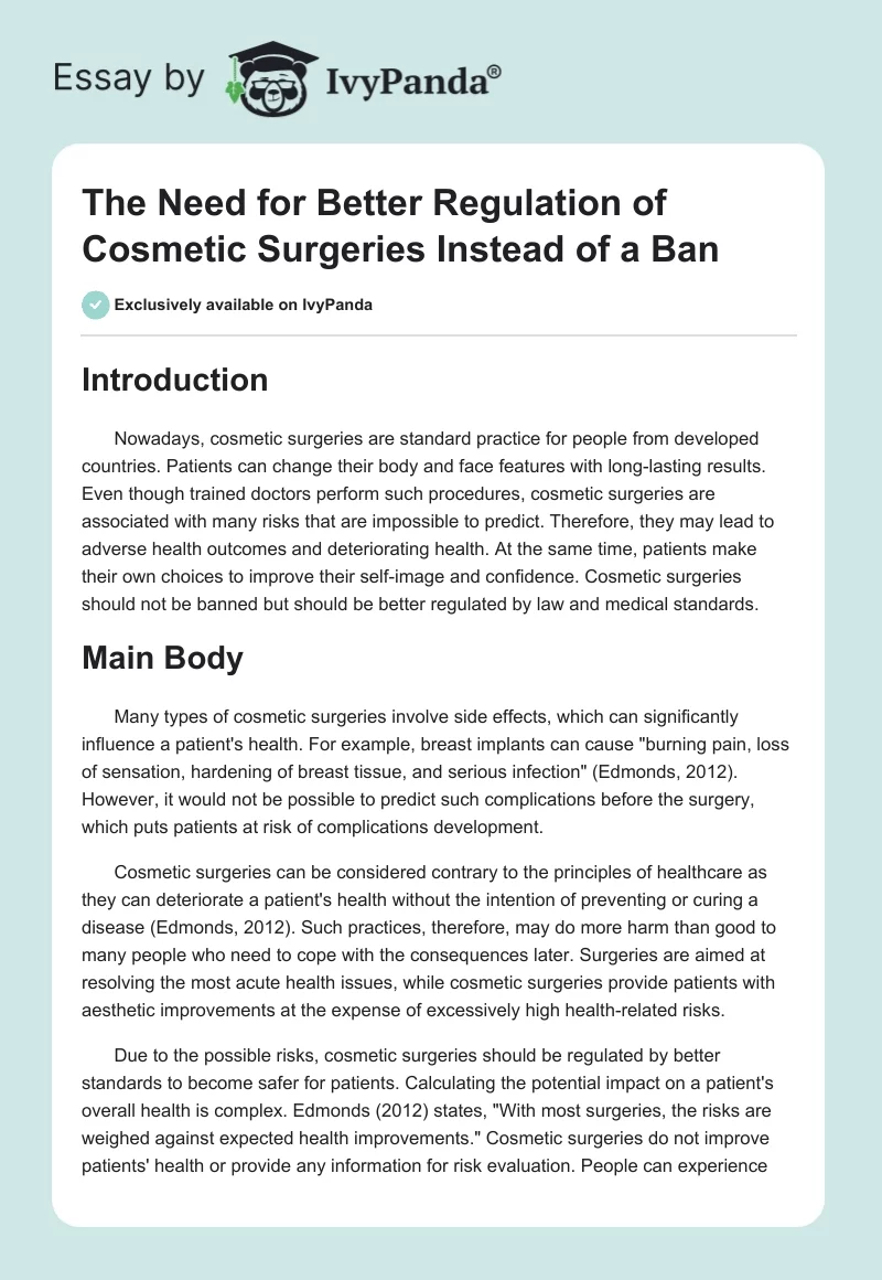 The Need for Better Regulation of Cosmetic Surgeries Instead of a Ban. Page 1