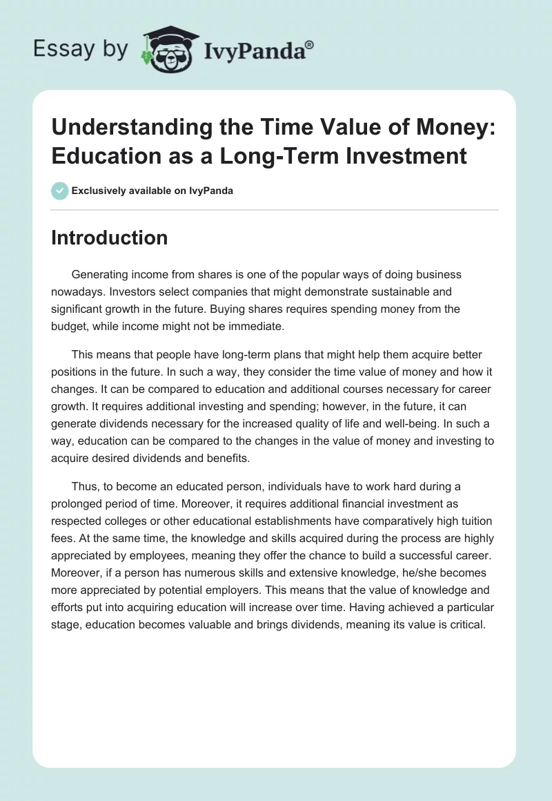 Understanding the Time Value of Money: Education as a Long-Term Investment. Page 1