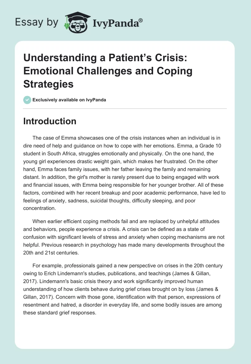 Understanding a Patient’s Crisis: Emotional Challenges and Coping Strategies. Page 1