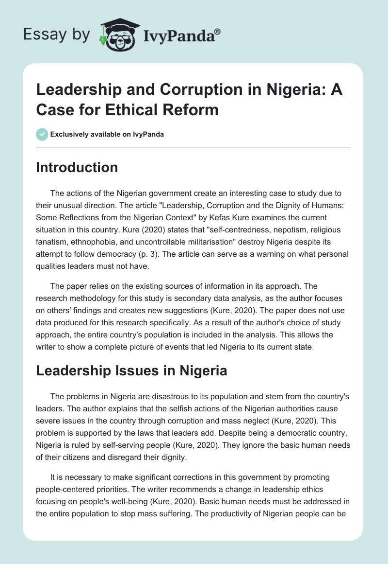 Leadership and Corruption in Nigeria: A Case for Ethical Reform. Page 1