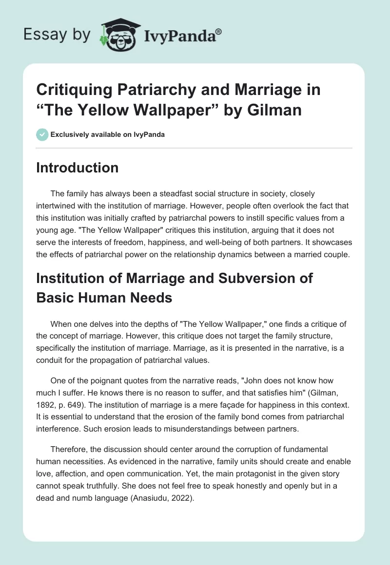 Critiquing Patriarchy and Marriage in “The Yellow Wallpaper” by Gilman. Page 1