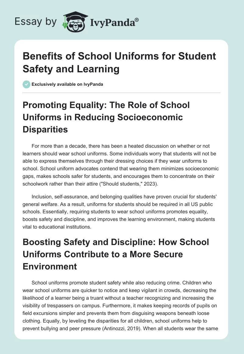 Benefits of School Uniforms for Student Safety and Learning. Page 1