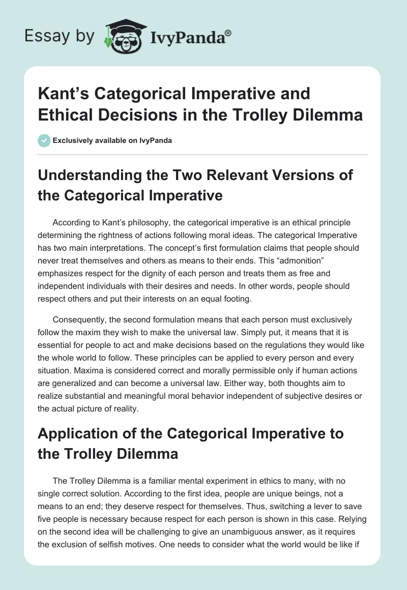 Kant’s Categorical Imperative and Ethical Decisions in the Trolley Dilemma. Page 1