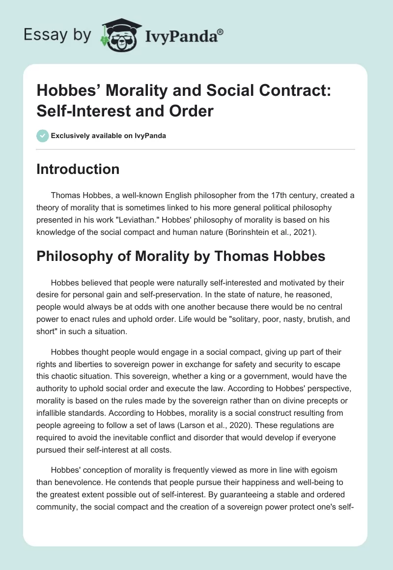 Hobbes’ Morality and Social Contract: Self-Interest and Order. Page 1