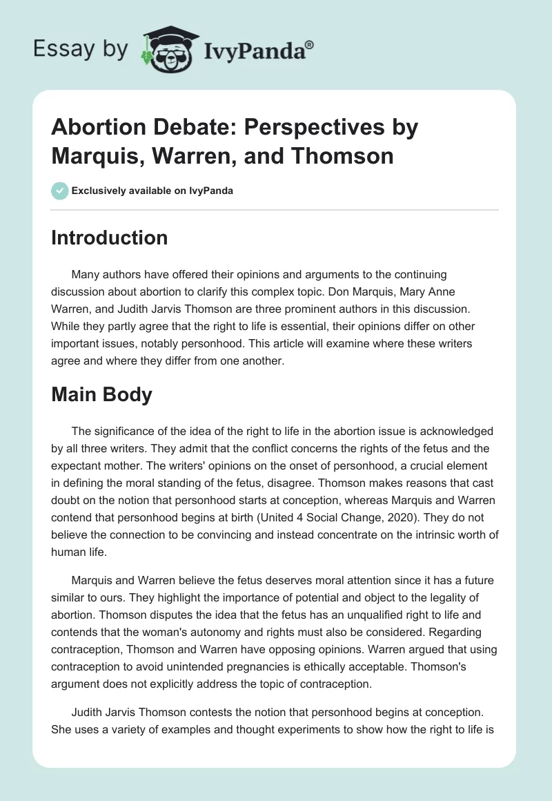 Abortion Debate: Perspectives by Marquis, Warren, and Thomson. Page 1