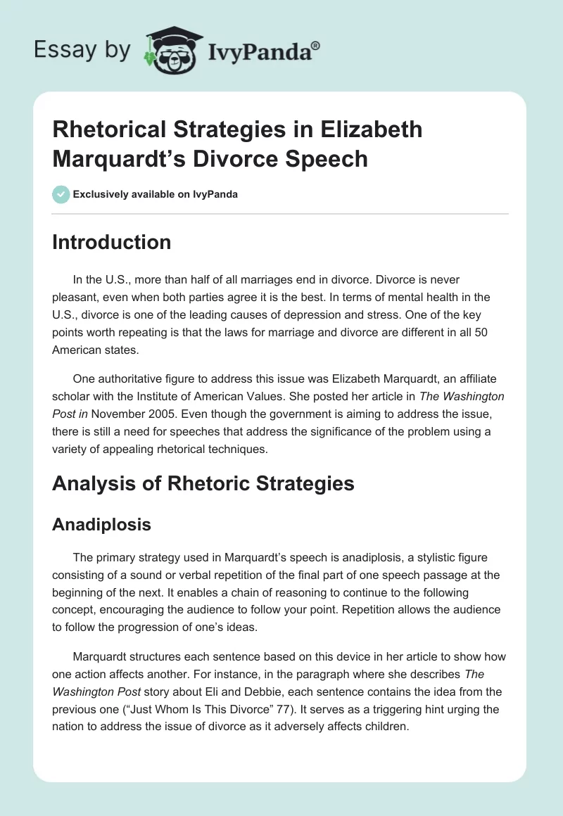 Rhetorical Strategies in Elizabeth Marquardt’s Divorce Speech. Page 1