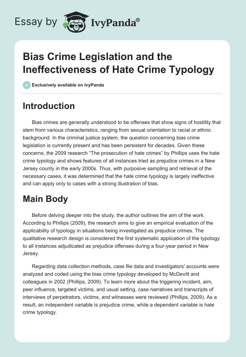 Bias Crime Legislation and the Ineffectiveness of Hate Crime Typology. Page 1