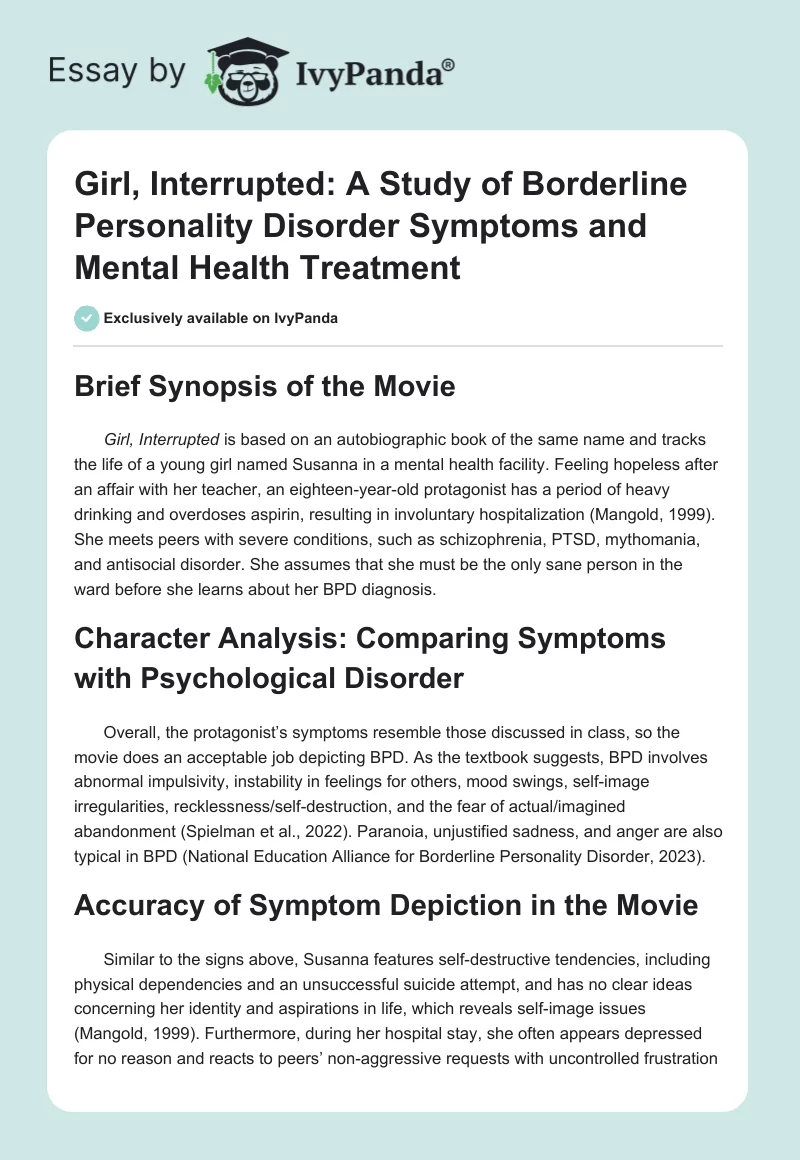 Girl, Interrupted: A Study of Borderline Personality Disorder Symptoms and Mental Health Treatment. Page 1