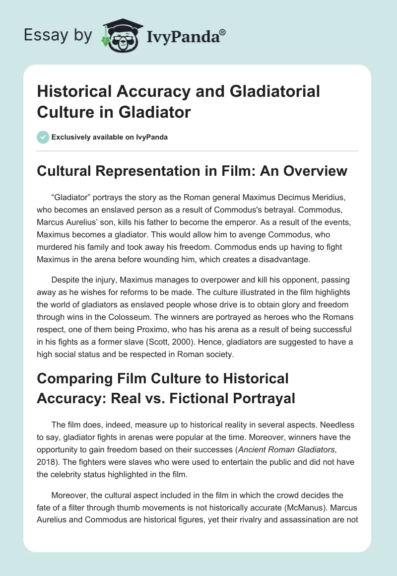 Historical Accuracy and Gladiatorial Culture in Gladiator. Page 1