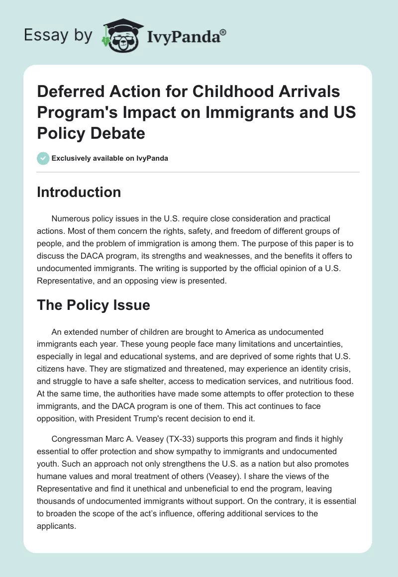 Deferred Action for Childhood Arrivals Program's Impact on Immigrants and US Policy Debate. Page 1