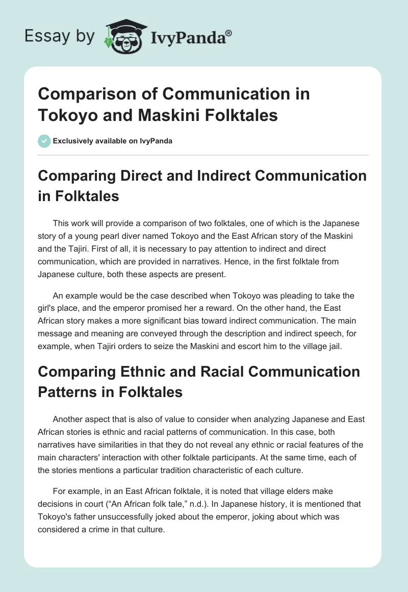 Comparison of Communication in Tokoyo and Maskini Folktales. Page 1