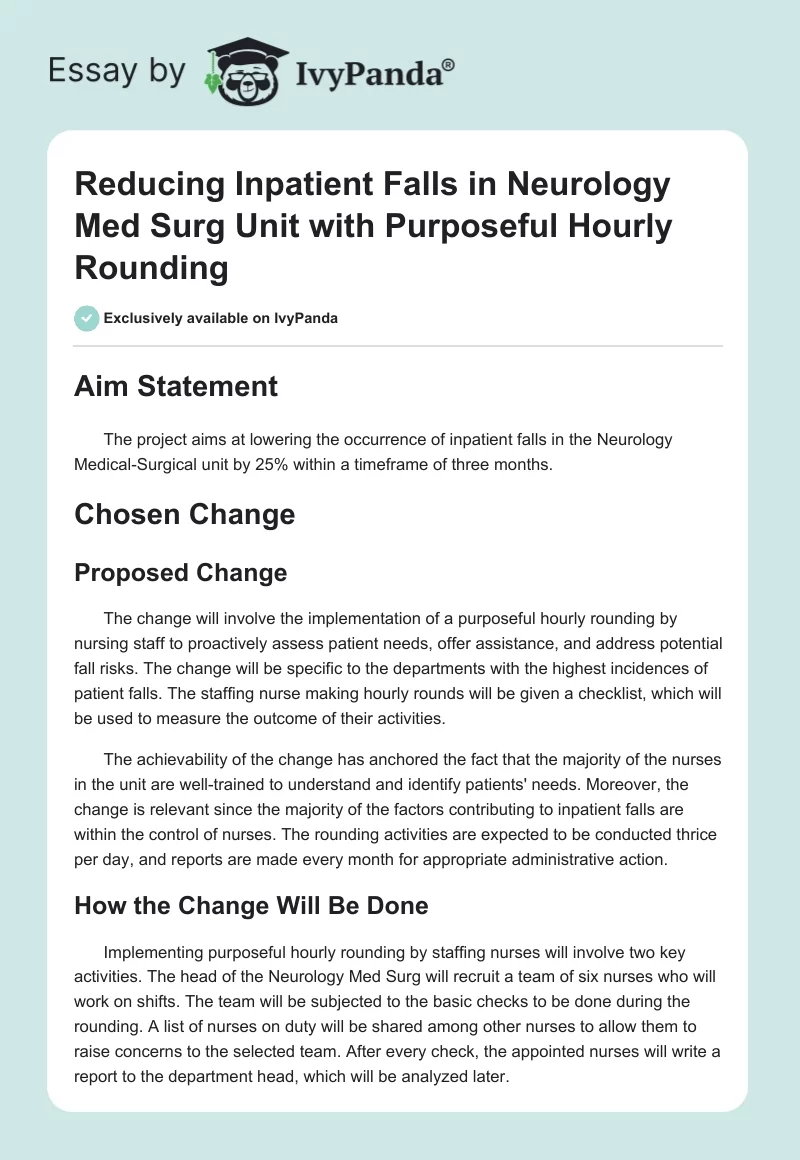 Reducing Inpatient Falls in Neurology Med Surg Unit with Purposeful Hourly Rounding. Page 1