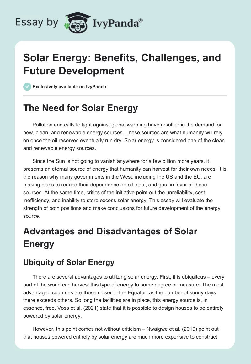 Solar Energy: Benefits, Challenges, and Future Development. Page 1