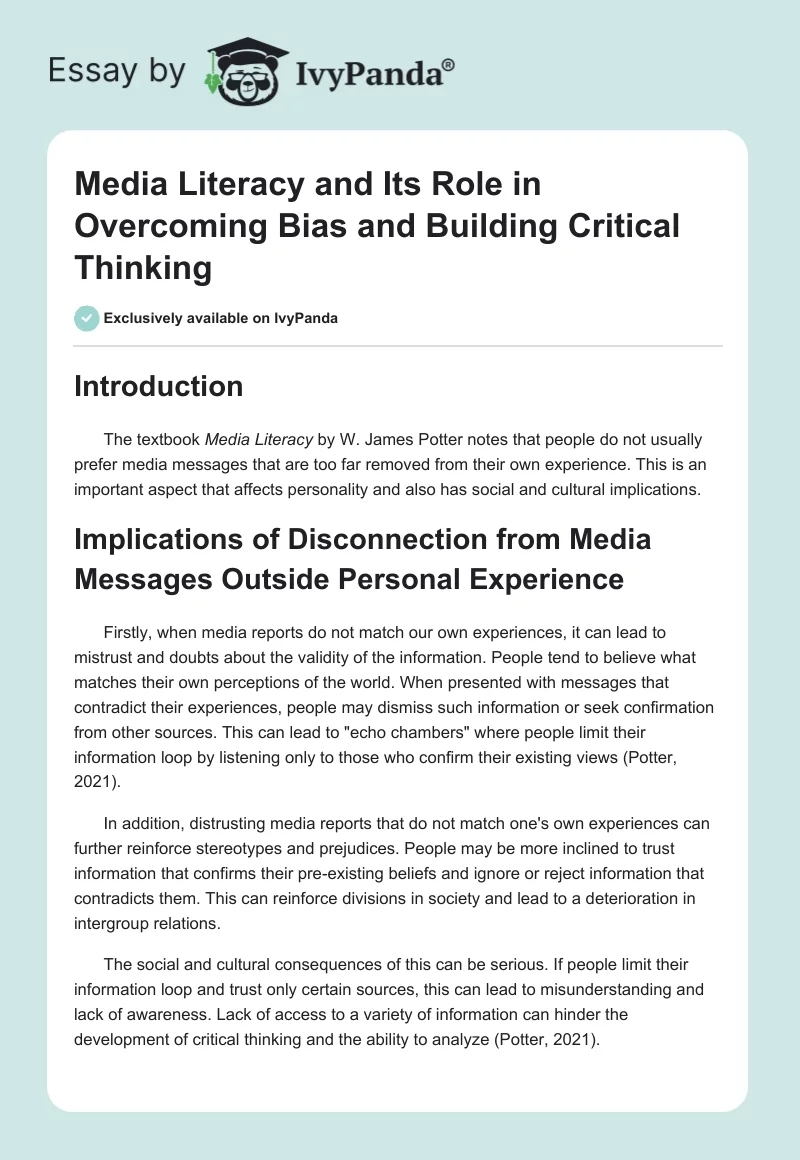 Media Literacy and Its Role in Overcoming Bias and Building Critical Thinking. Page 1