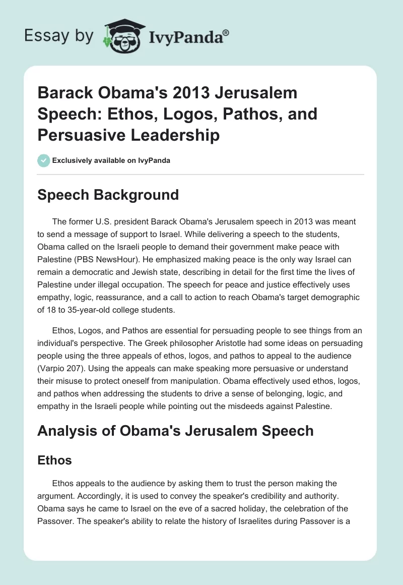 Barack Obama's 2013 Jerusalem Speech: Ethos, Logos, Pathos, and Persuasive Leadership. Page 1