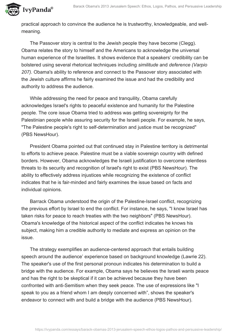 Barack Obama's 2013 Jerusalem Speech: Ethos, Logos, Pathos, and Persuasive Leadership. Page 2